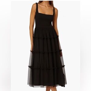 Adrianna Papell Black Tiered Mesh Midi Dress with Square Neck